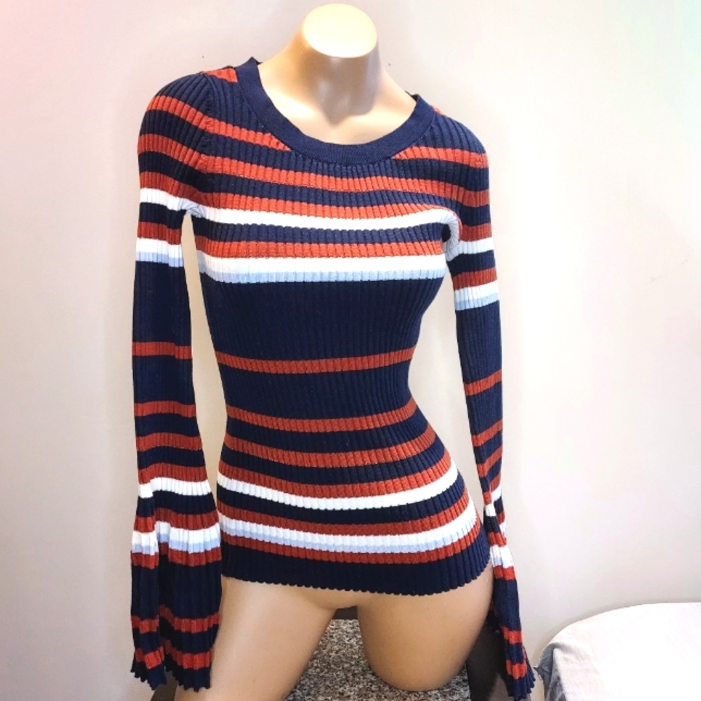 Bar III Stripped Ribbed Sweater with Bell Sleeves